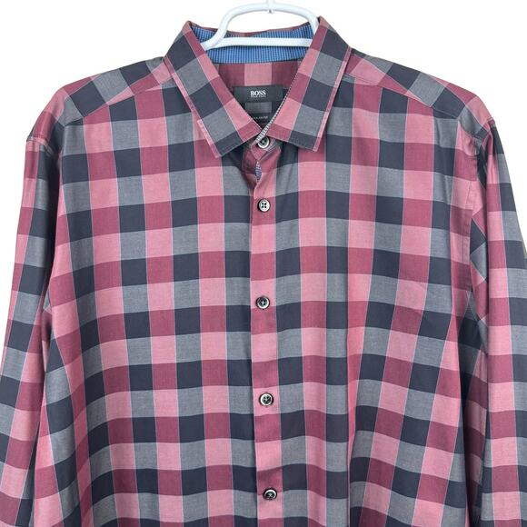 Men's BOSS Hugo Boss Red Gray Lando Checked Button Up Regular Fit Cotton Shirt L - Picture 2 of 11